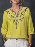 Flower Embroidery V-neck Seven Fold Pleated Sleeve Cotton Linen Blend Top