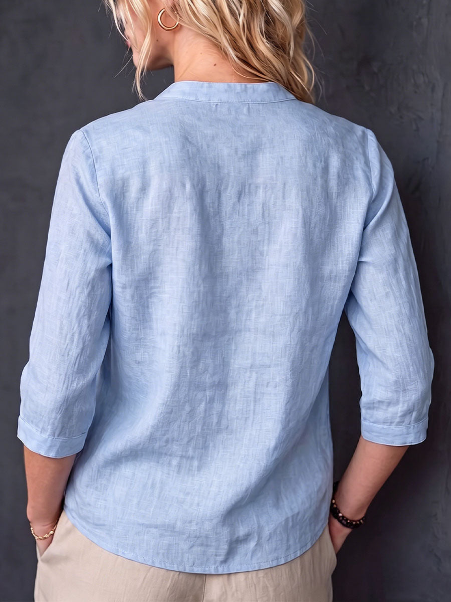 Women's Solid Color V-neck 3/4 Sleeve Casual Loose Cotton-linen Shirt