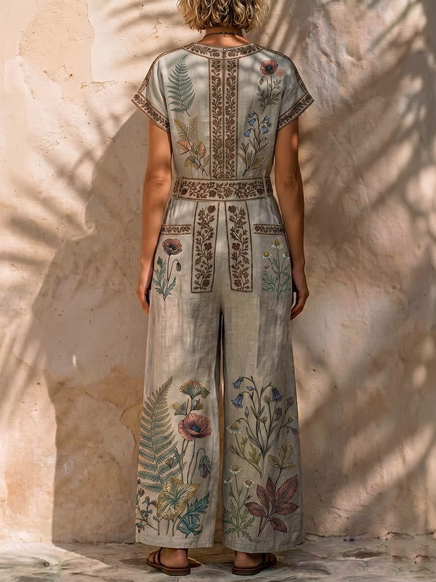 Women's Vintage Placement-print V-neck Short-sleeve Casual Loose Wide-leg Jumpsuit