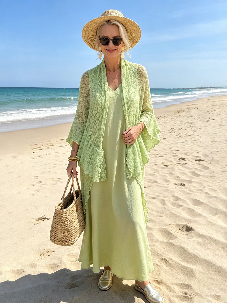 Boho Green Melody Scalloped-edge Cardigan And Cotton-linen Dress Set
