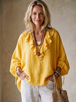 Sunny Ruffled Cotton-linen Blouse With Adjustable Sleeves