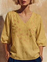 Scalloped V-neck Floral Embroidered Cotton-linen Top With 3/4 Puff Sleeves