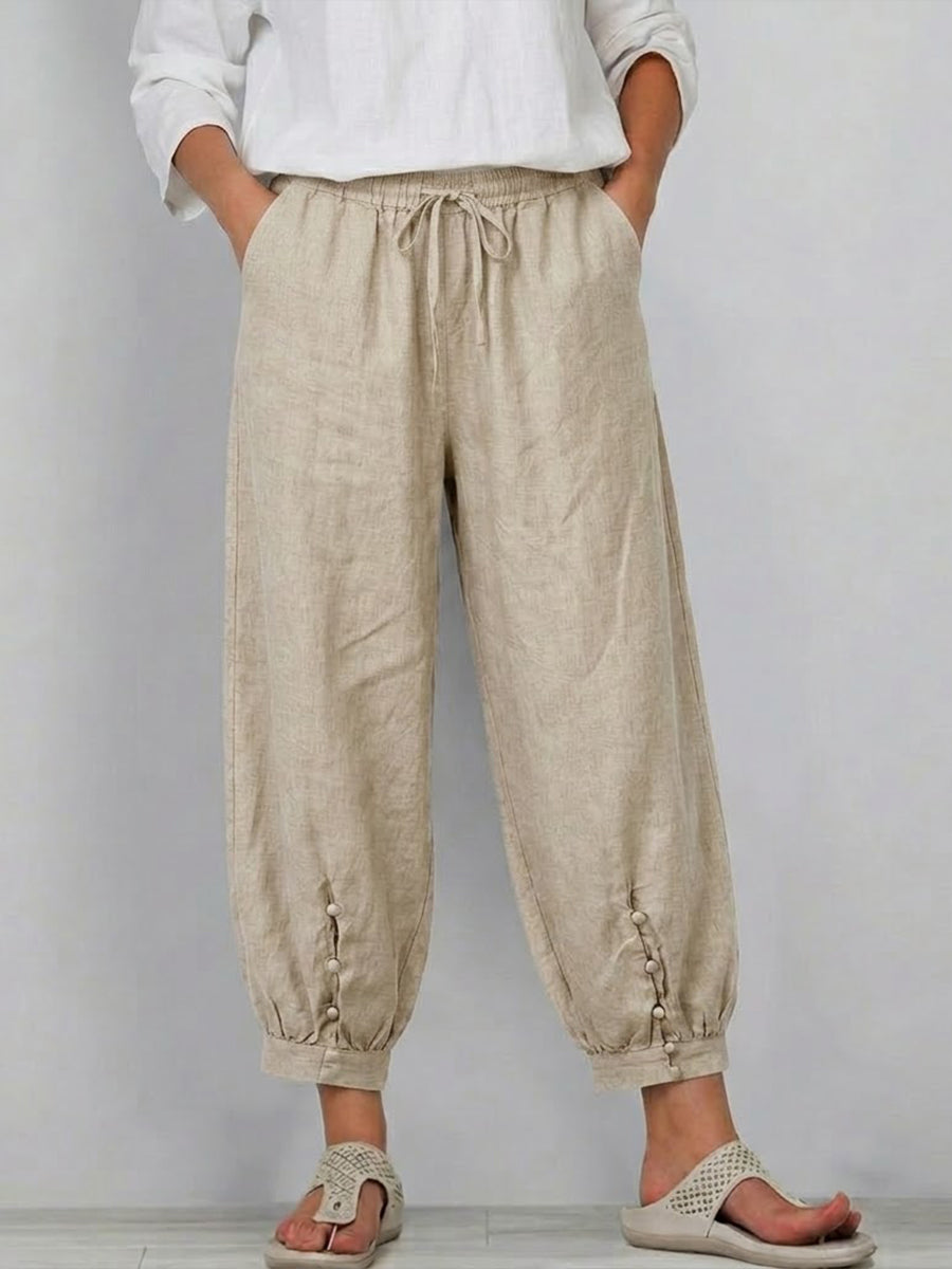Casual Linen-cotton Cropped Trousers With An Elastic Waist