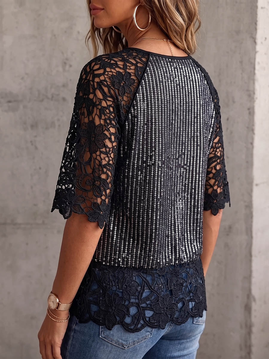 Vintage Elegant Glitter Sequins Patchwork Cut-Out Lace Shirt