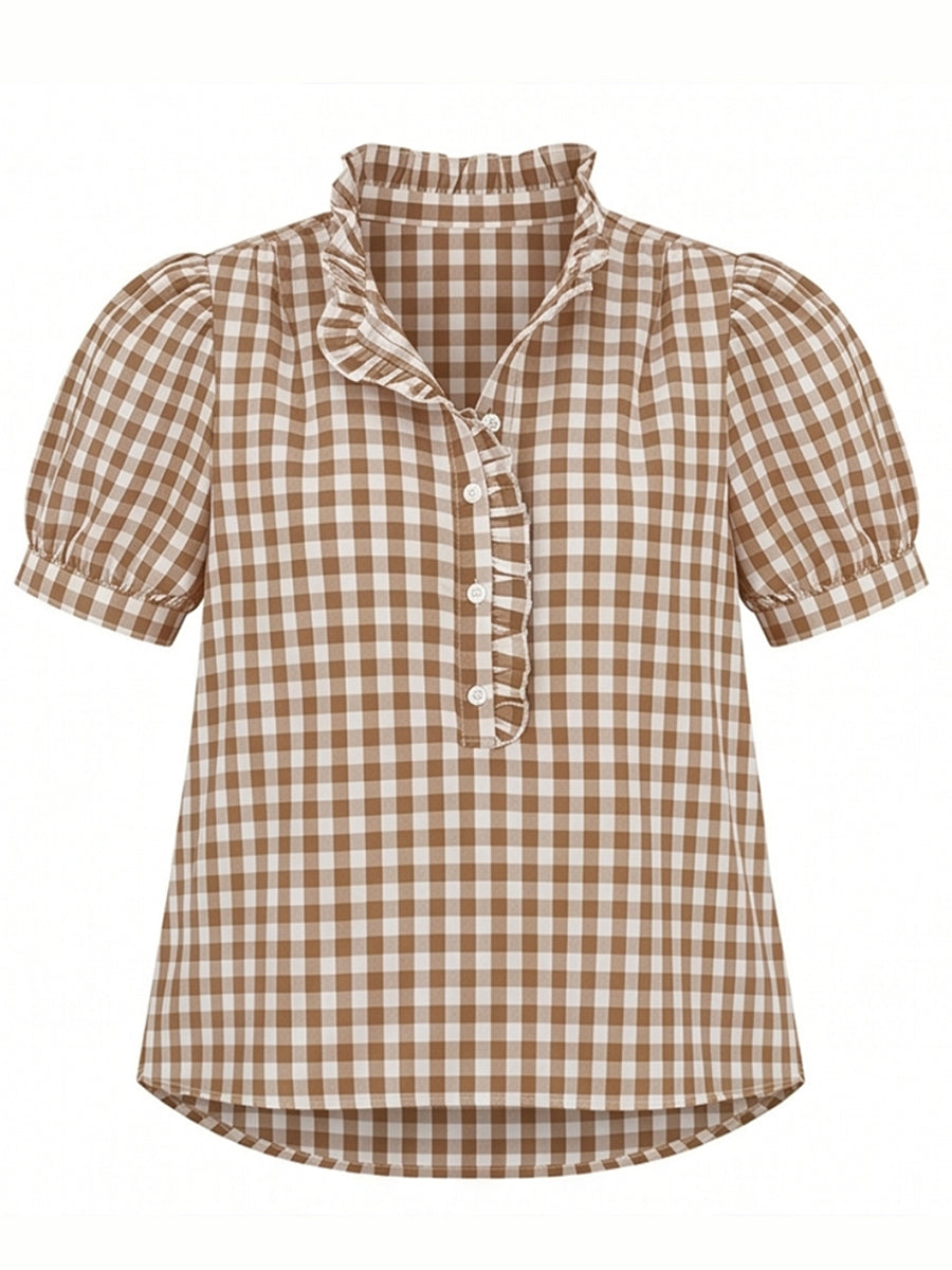 Casual Linen-cotton Plaid Shirt With A Ruffle Collar