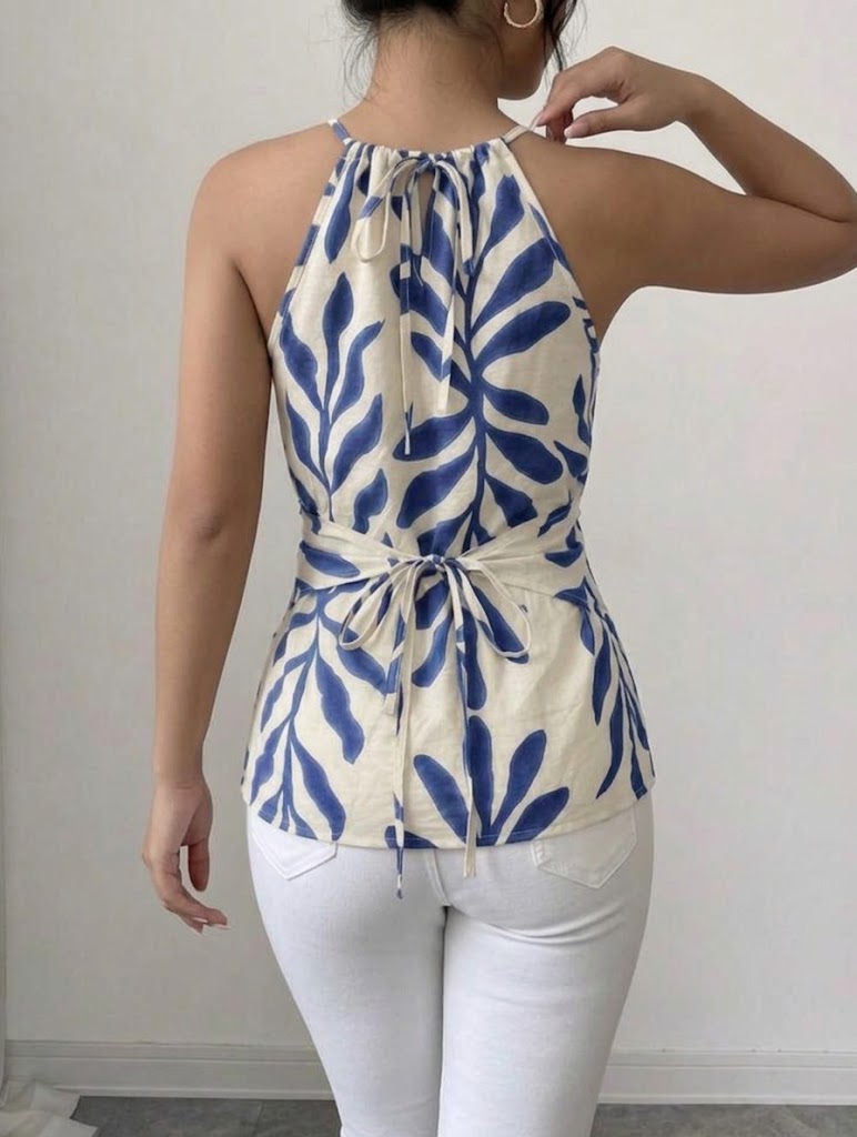 Printed Sleeveless Wrap-style Linen And Cotton Top