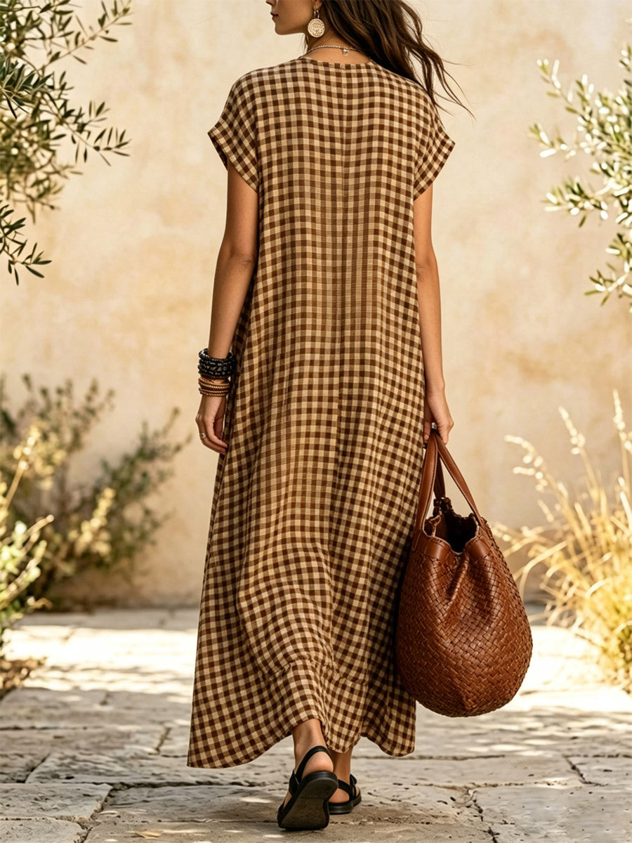 Women's Plaid Pattern Art Casual Stylish V-collar Short Sleeve Cotton Linen Maxi Dress