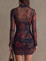 Women's Vintage Print Stand-collar Long-sleeve Casual Loose Stretchy Mesh Dress