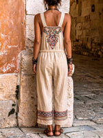 Women's Casual Loose-fit Wide-leg Cotton-linen Jumpsuit With V-neck And Placement Print