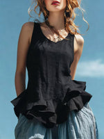 Women's Ruffle Hem Art Casual Stylish Sleeveless Cotton Linen Shirt