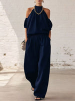 Women's Off-shoulder Halter Art Comfortable Casual Top And High-waisted Wide-leg Pants Cotton Linen Two-piece Set