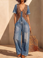 Women's V-neck Short-sleeve Casual Loose-fit Leopard Print Panel Denim Wide-leg Jumpsuit