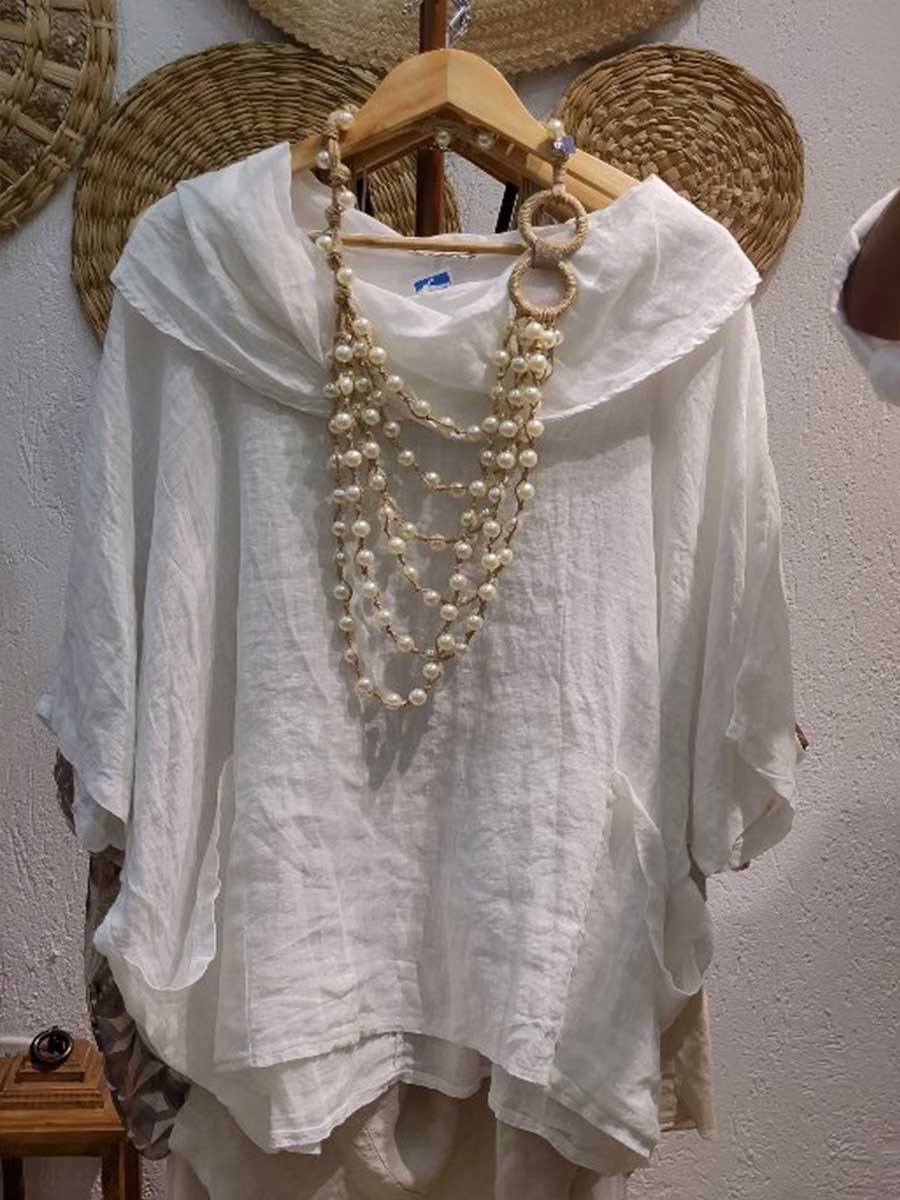 Women's Solid-color Cowl Neck 3/4 Sleeve Casual Loose Cotton-linen Top