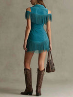 Women's Retro Hot Off-shoulder Fringe Art Zip Casual Short Dress