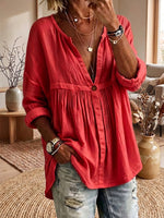 Women's Casual Loose Solid-color Long-sleeve Button-front Pullover Shirt