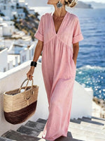 Women's Solid Color V-neck Short-sleeve Casual Loose A-line Cotton-linen Dress