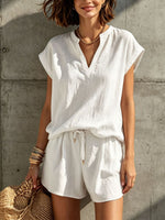 Women's Solid Color Art Stylish Casual Short Sleeve Top And Pants Breathable Two-piece Set