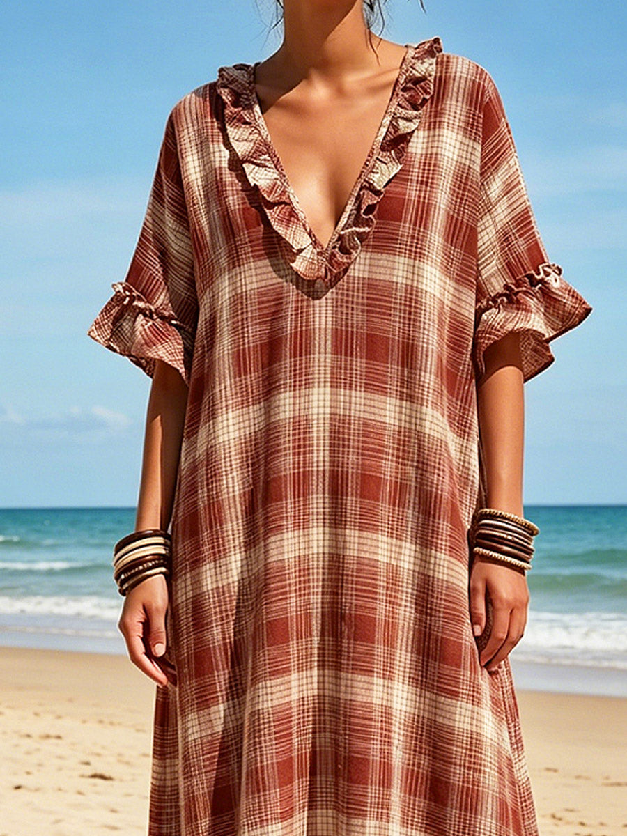 Women's Plaid Pattern Art Ruffled Casual Stylish Cotton Linen Maxi Dress