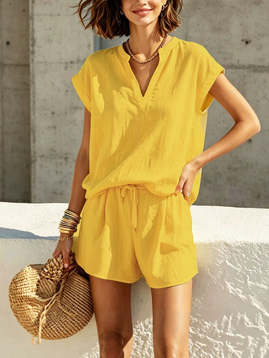 Women's Solid Color Art Stylish Casual Short Sleeve Top And Pants Breathable Two-piece Set