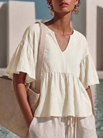 Relaxed-fit V-neck Cotton-linen Top With Ruffled Elbow-length Sleeves