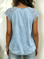 Women's V-Neck Denim Lace Trim Top
