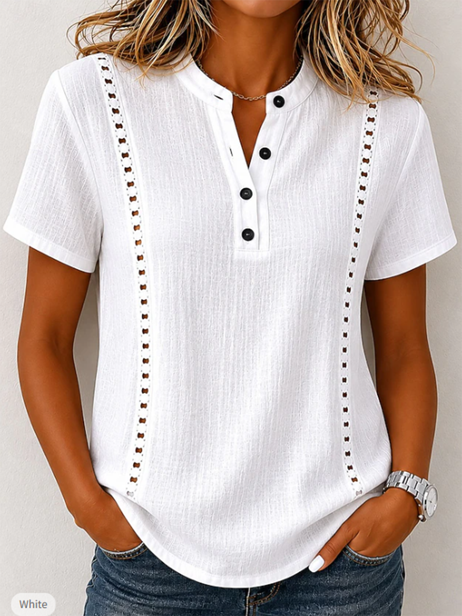 Casual Breathable Cotton-linen Henley Collar Shirt With Flowers Lace Trim