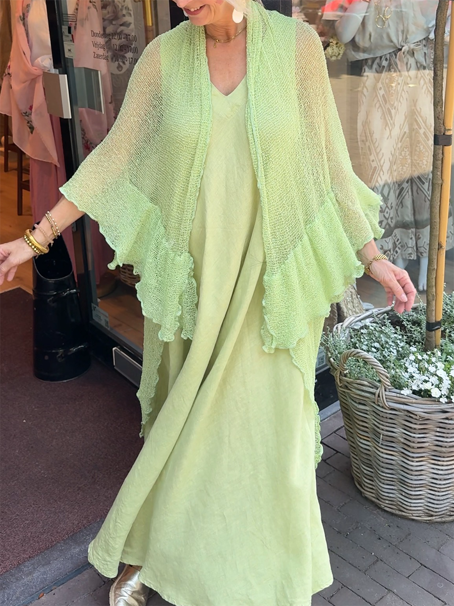 Boho Green Melody Scalloped-edge Cardigan And Cotton-linen Dress Set