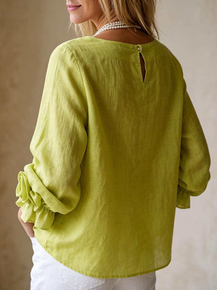 Effortless Elegance – Cotton-linen Shirt With Floral Cuffs