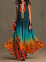 Bohemian Floral Print Sleeveless Linen And Cotton Maxi Dress