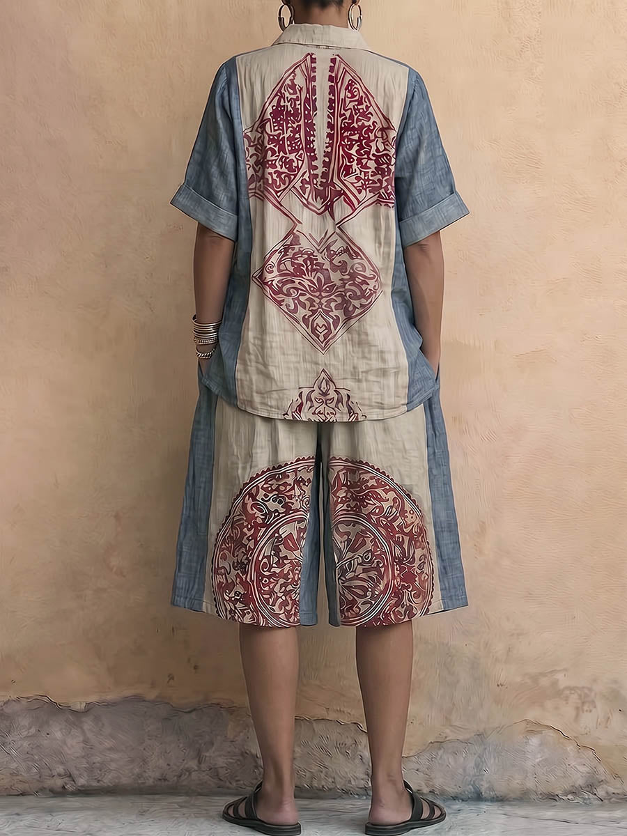 Women's Vintage Placement-print Cotton-linen Set: Short-sleeve Collared Loose Top & High-waisted Wide-leg Shorts