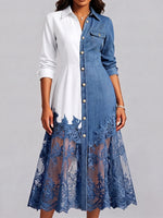 Elegant Two-tone Lace Hem Denim Dress