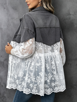 Washed Denim And Lace-panelled Long-sleeve Midi Cardigan Jacket With A Collar And Button-down Front