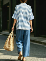 Women's Striped Art Comfortable Casual Top And Pants Cotton Linen Two-piece Set