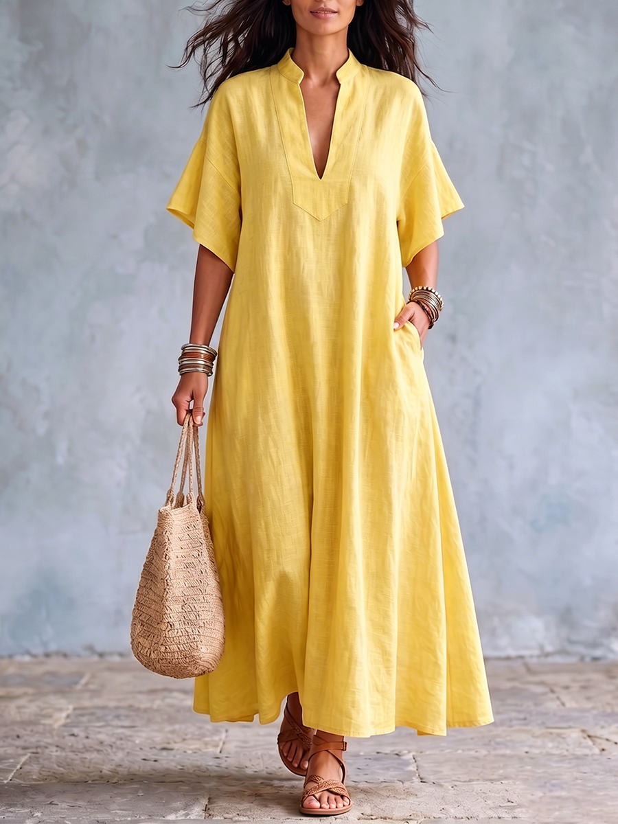 Cozy V-neck Breathable Cotton-linen Dress