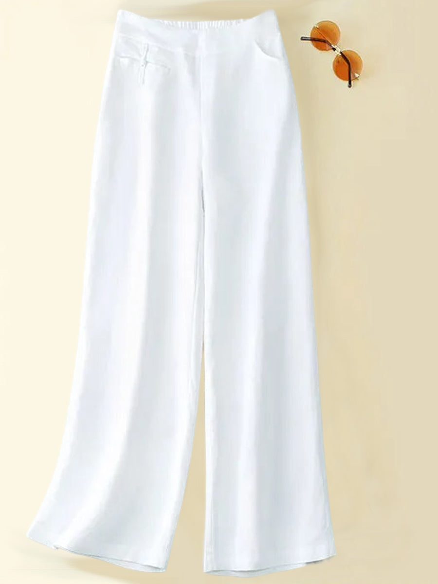 Women's Solid-color High-waisted Loose-fit Cotton-linen Wide-leg Casual Pants