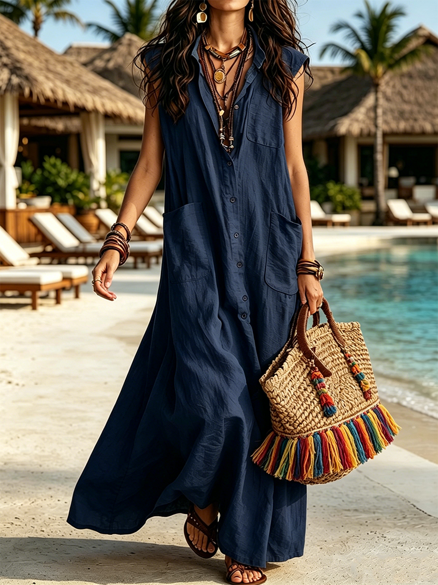 Collared, Sleeveless, Full-button, Loose-fit Long Shirt Dress