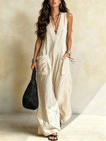 V-neck Sleeveless Loose-fit Utility Jumpsuit With Large Patch Pockets