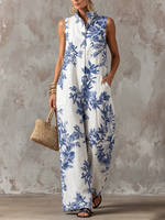 Romantic Elegant Floral-print Cotton-linen Jumpsuit