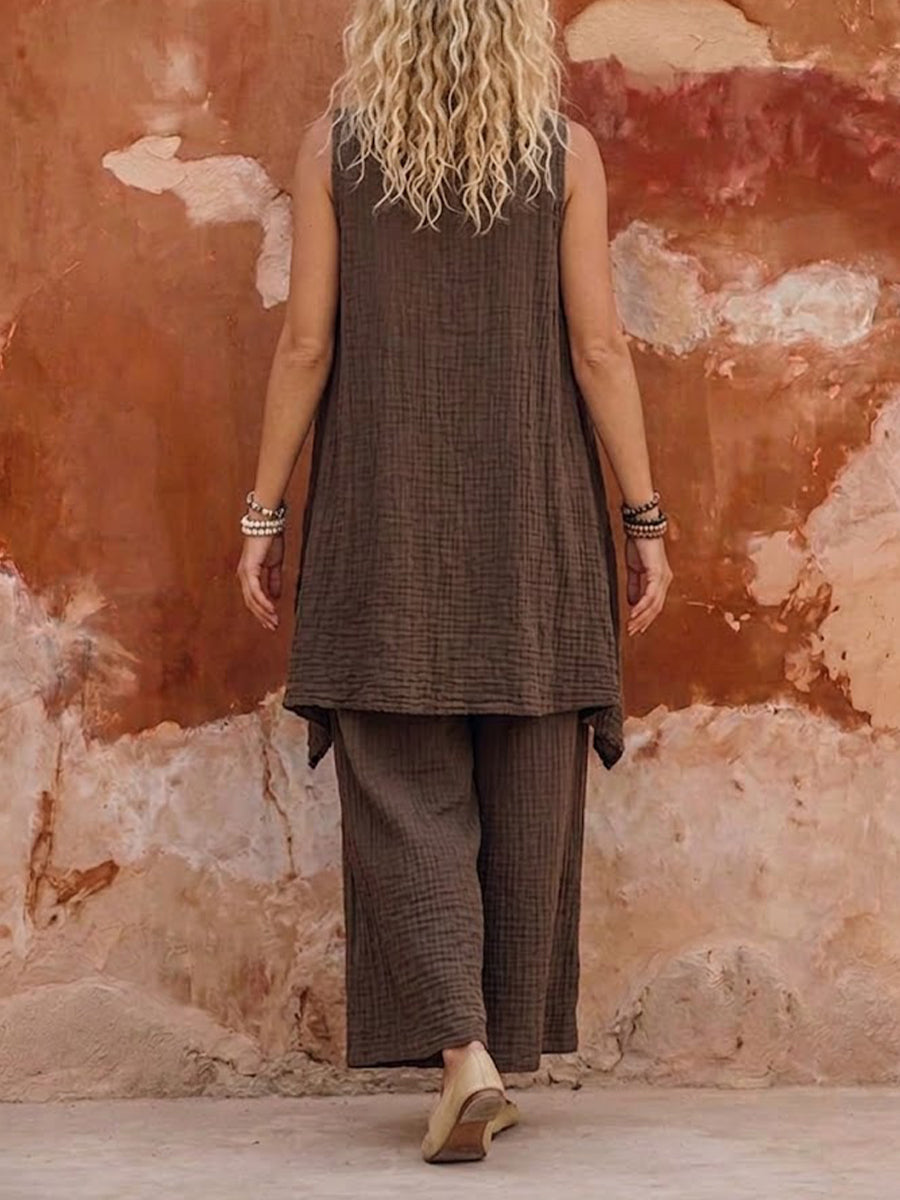 Vintage-style Bohemian Casual Sleeveless Cardigan And Trousers Two-piece Set In A Linen-cotton Blend.