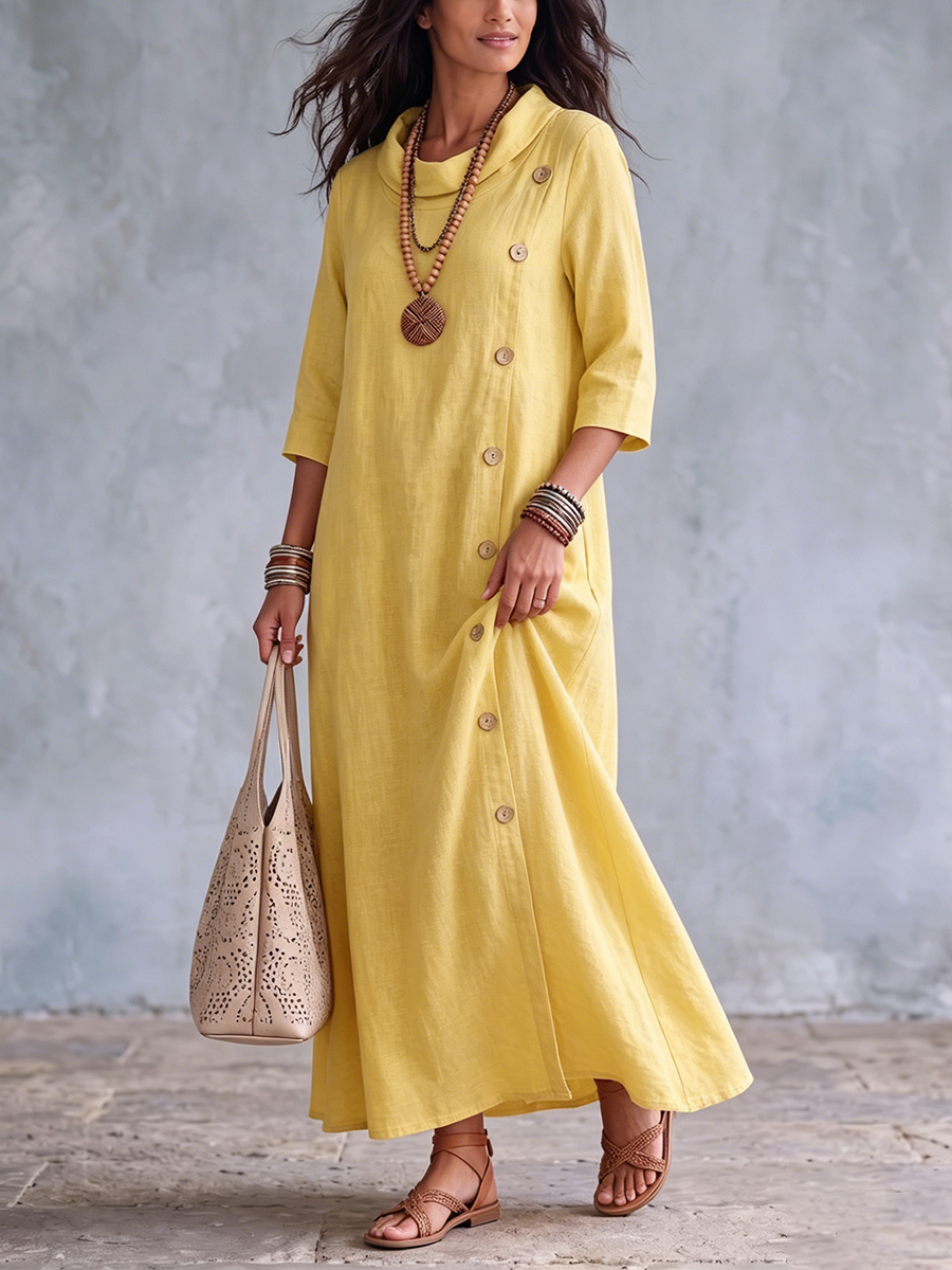 Elegant Yellow Mock-neck Cotton-linen Dress