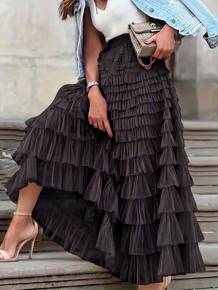 Women's Solid-color Elastic-waist A-line Tiered Mesh Skirt