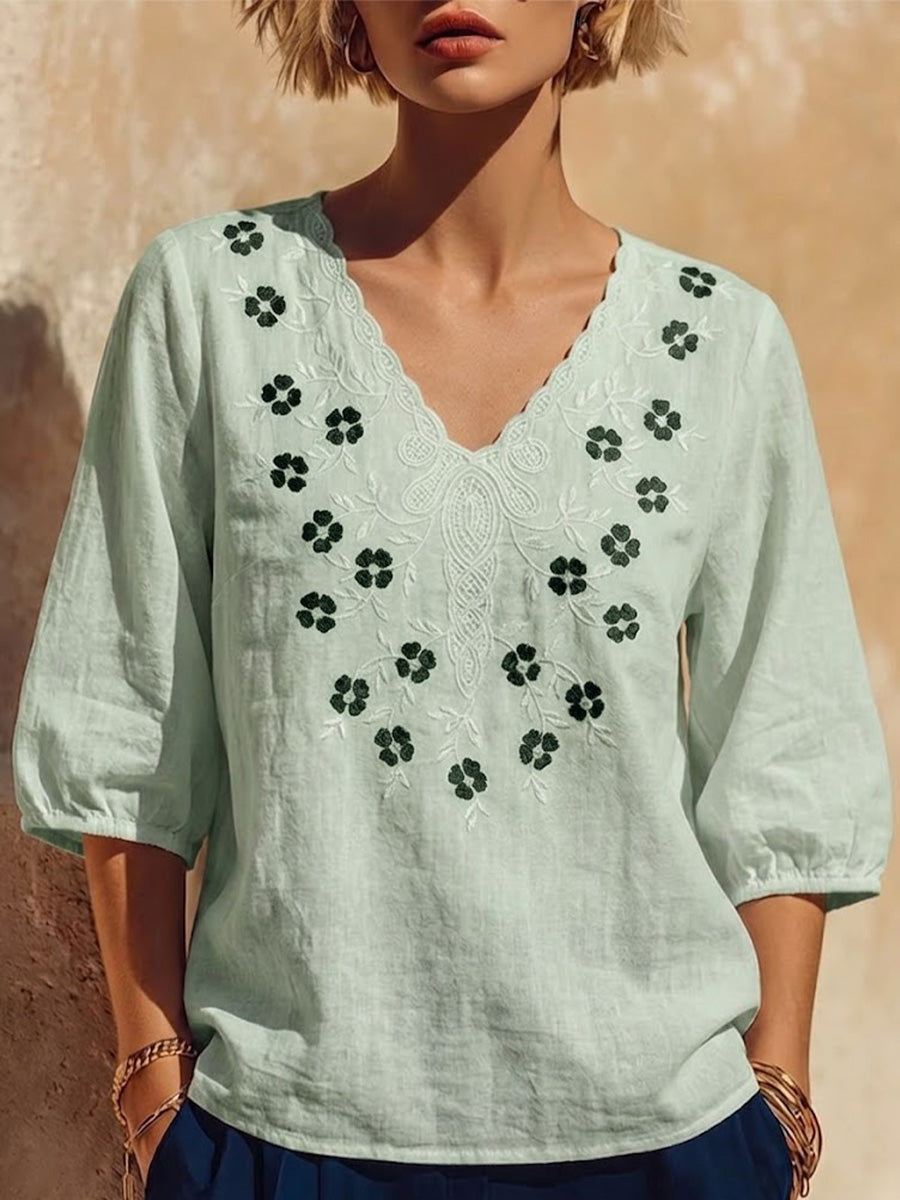Scalloped V-neck Floral Embroidered Cotton-linen Top With 3/4 Puff Sleeves