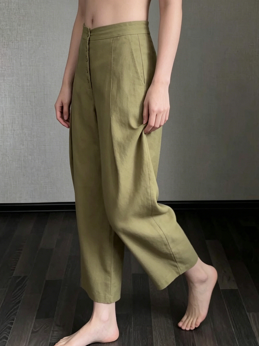 Minimalist Elegant Pleated Cotton-linen Cropped Trousers