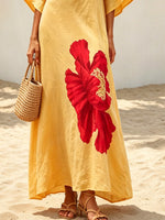 Women's Floral Pattern Art Print Stylish Casual Short Sleeve Cotton Linen Long Dress