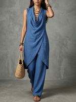Minimalist Elegant Cowl-neck Cotton-linen Two-piece Set