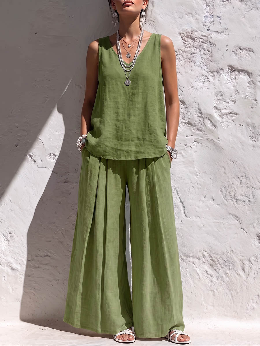 Women's Solid Color V-neck Sleeveless Loose Casual Top And High-waisted Wide-leg Pants Cotton-linen Set
