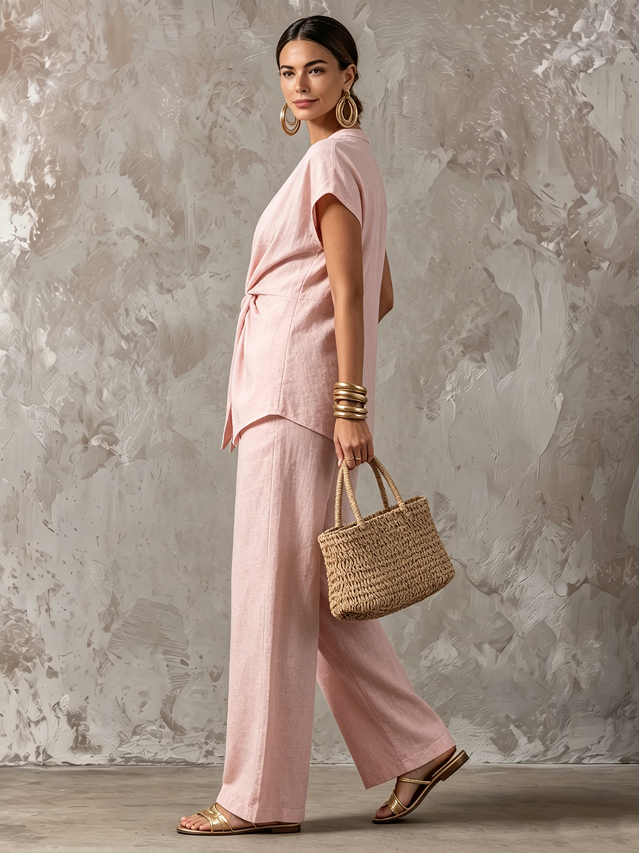 Elegant Pink Twisted-knot Top Cotton-linen Two-piece Set