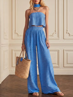 Effortless Striped Crop Top & Wide-leg Trouser Set（includes Neck Gaiter）