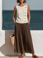 Two-piece Set: Sleeveless Linen Vest With A Round Neck And Side-button Detail + Pleated Wide-leg Maxi Skirt