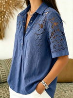 Women's Hollow Floral Lace Spliced Denim Collar Short Sleeve Shirt